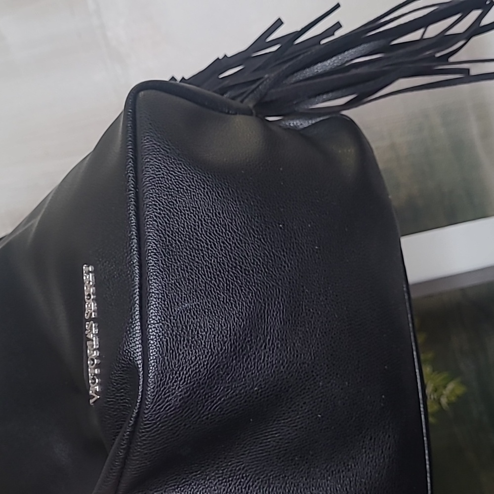 Victoria Secret Black Leather Bucket Backpack Bag with Fringe - Picture 5 of 7
